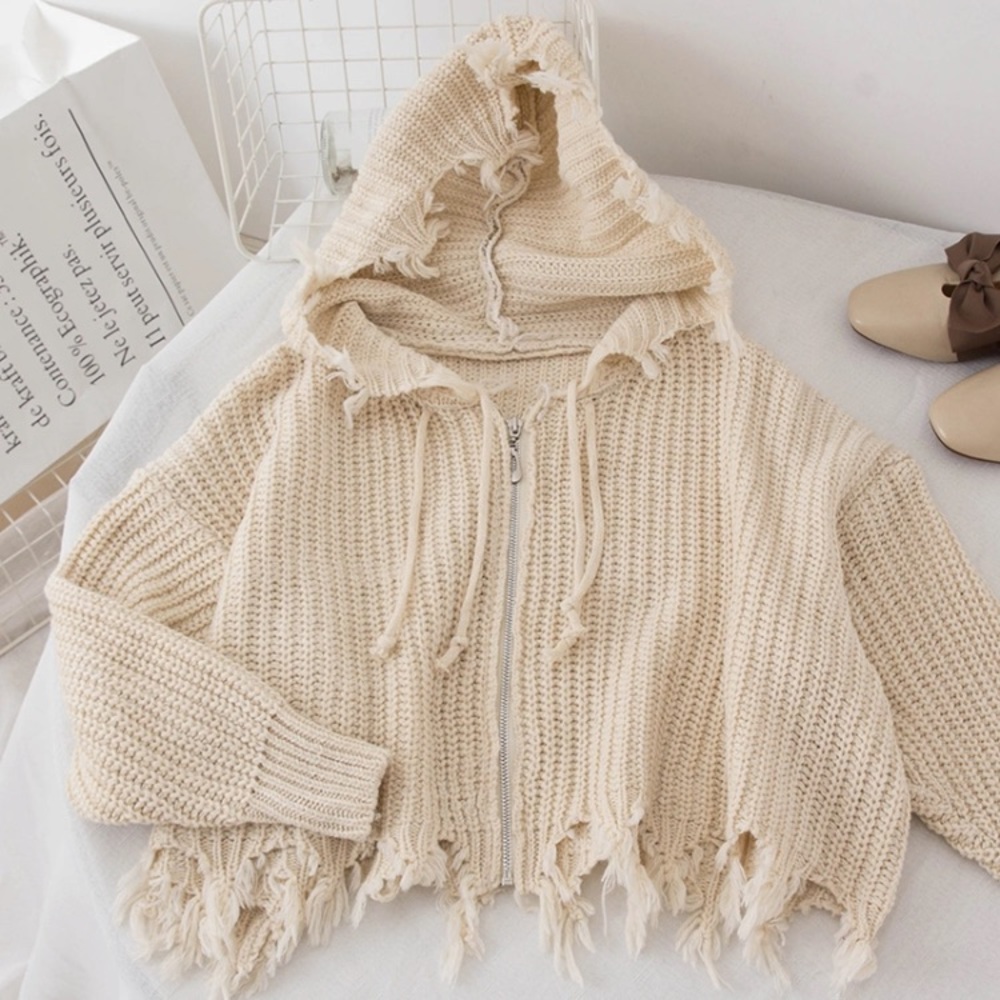 Beige Distressed Zip Up Sweater